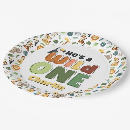 ワイルドワンサファリ動物園の動物の誕生日パーティー ペーパープレート (アングル)
