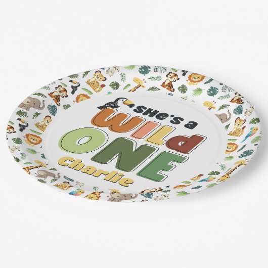ワイルドワンサファリ動物園の動物の誕生日パーティー ペーパープレート (アングル)