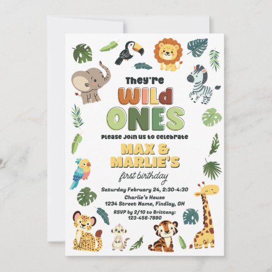 ワイルドワンサファリ動物園の動物の誕生日パーティー、双子 招待状 (正面)