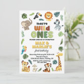 ワイルドワンサファリ動物園の動物の誕生日パーティー、双子 招待状 (スタンド正面)