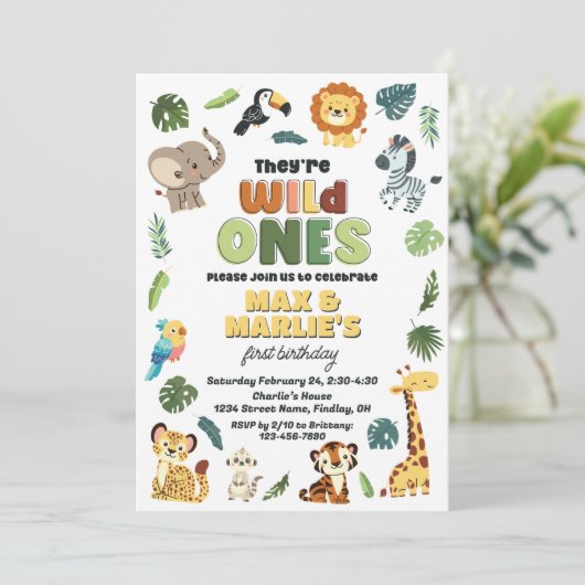 ワイルドワンサファリ動物園の動物の誕生日パーティー、双子 招待状 (スタンド正面)