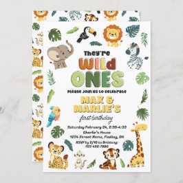 ワイルドワンサファリ動物園の動物の誕生日パーティー、双子 招待状
