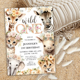 ワイルドワンサファリ動物女子1歳の誕生日 招待状