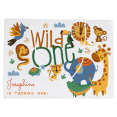 ワイルドワンサファリ動物子供の誕生日パーティー ラージペーパーバッグ (裏面)
