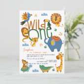 ワイルドワンサファリ動物子供の誕生日パーティー 招待状 (スタンド正面)