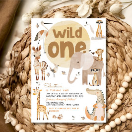 ワイルドワンサファリ動物子供の誕生日パーティー 招待状