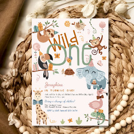 ワイルドワンサファリ動物子供の誕生日パーティー 招待状