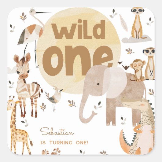 ワイルドワンサファリ動物子供の誕生日 スクエアシール (正面)