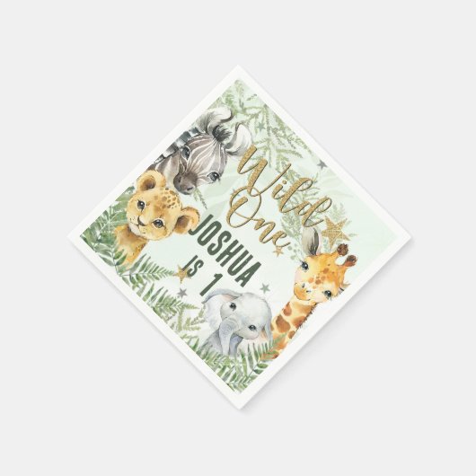 ワイルドワンサファリ動物紙ナプキン–1歳の誕生日 スタンダードカクテルナプキン (角)