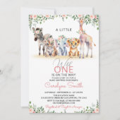 ワイルドワンサファリ動物緑の女の子ベビーシャワー 招待状 (正面)