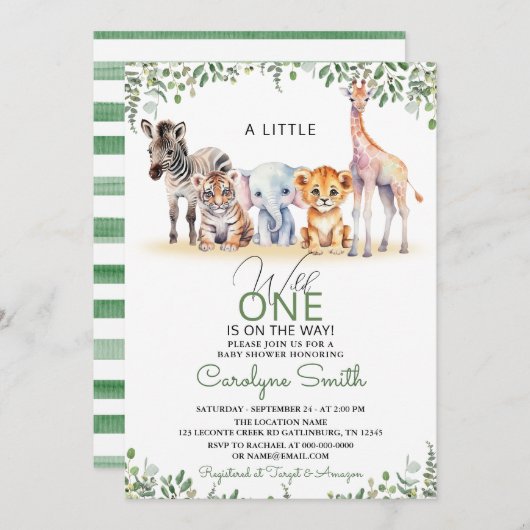 ワイルドワンサファリ動物緑の少年の赤ちゃんシャワー 招待状 (正面/裏面)
