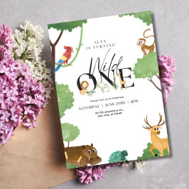 ワイルドワンサファリ誕生日ニュートラルキッズジャングルテーマ 招待状