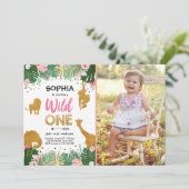 ワイルドワンサファリ金ゴールドガールピンクアニマルズ誕生日 招待状 (スタンド正面)