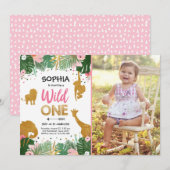 ワイルドワンサファリ金ゴールドガールピンクアニマルズ誕生日 招待状 (正面/裏面)