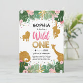 ワイルドワンサファリ金ゴールドガールピンクアニマルズ誕生日 招待状 (スタンド正面)
