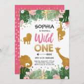 ワイルドワンサファリ金ゴールドガールピンクアニマルズ誕生日 招待状 (正面/裏面)