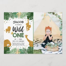 ワイルドワンサファリ金ゴールドボーイアニマルバースデーパーティー 招待状