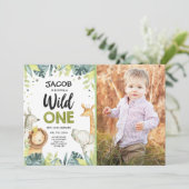 ワイルドワンサファリ金ゴールドボーイグリーンアニマルズ誕生日 招待状 (スタンド正面)