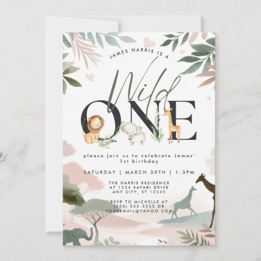 ワイルドワンサファリ1歳の誕生日パーティー写真 招待状 (正面)