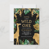 ワイルドワンサファリ1歳の誕生日 ブラック グリーン ゴールド 招待状 (正面)