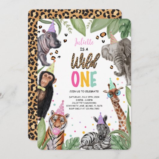 ワイルドワンサファリ1歳の誕生日 招待状 (正面/裏面)