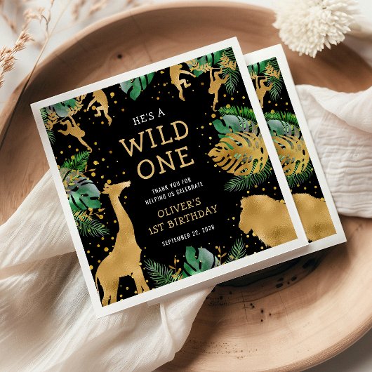 ワイルドワンサファリ1st誕生日パーティーグリーンブラック スタンダードカクテルナプキン