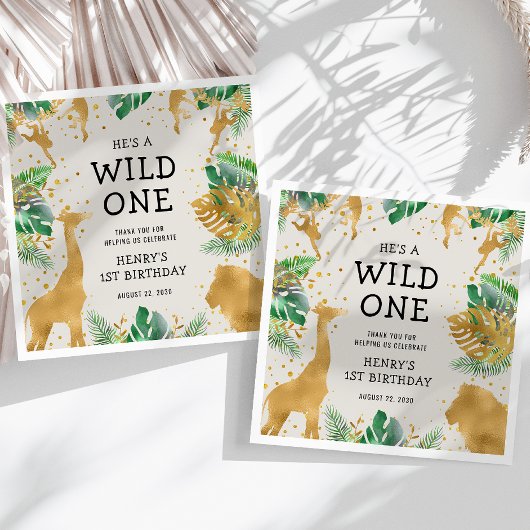 ワイルドワンサファリ1st誕生日パーティーグリーンベージュ色 スタンダードカクテルナプキン