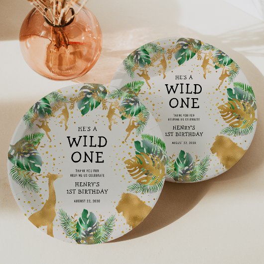 ワイルドワンサファリ1st誕生日パーティーグリーンベージュ色 ペーパープレート