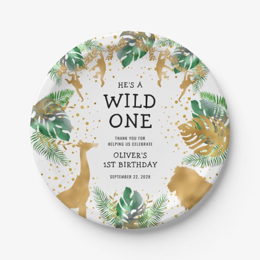 ワイルドワンサファリ1st誕生日パーティーグリーン金ゴールド ペーパープレート (正面)
