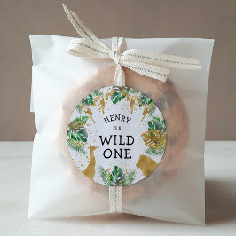 ワイルドワンサファリ1st誕生日パーティーグリーン金ゴールド ラウンドシール