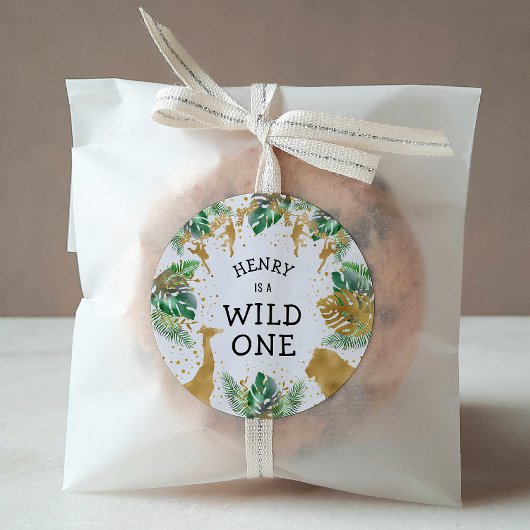 ワイルドワンサファリ1st誕生日パーティーグリーン金ゴールド ラウンドシール