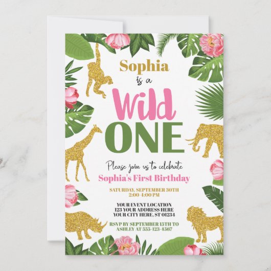 ワイルドワンサファリ1st誕生日招待状ガール金ゴールド 招待状 (正面)