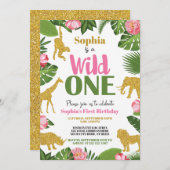 ワイルドワンサファリ1st誕生日招待状ガール金ゴールド 招待状 (正面/裏面)