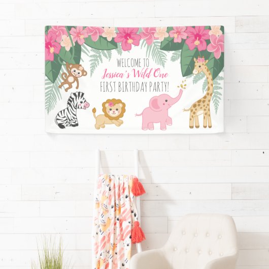 ワイルドワンサファリ/ガールジャングルテーマウェルカムサイン 横断幕 (インサイチュ)
