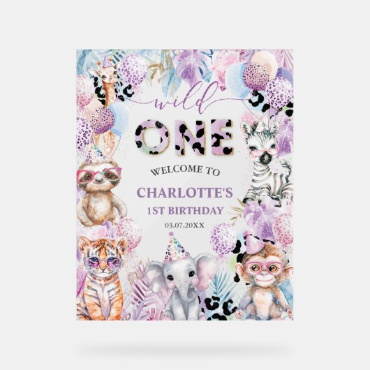 ワイルドワンジャングルアニマルサファリ1歳の誕生日へようこそ アクリルサイン (正面)