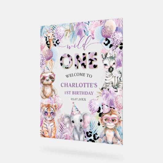 ワイルドワンジャングルアニマルサファリ1歳の誕生日へようこそ アクリルサイン (傾斜)