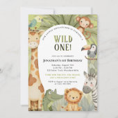 ワイルドワンジャングルアニマルズファースト誕生日招待状 招待状 (正面)