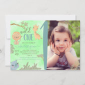 ワイルドワンジャングルアニマルズブルーブラウンファースト誕生日 招待状 (正面)