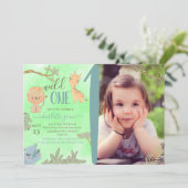 ワイルドワンジャングルアニマルズブルーブラウンファースト誕生日 招待状 (スタンド正面)