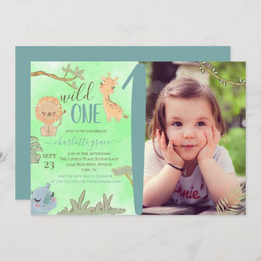 ワイルドワンジャングルアニマルズブルーブラウンファースト誕生日 招待状 (正面/裏面)