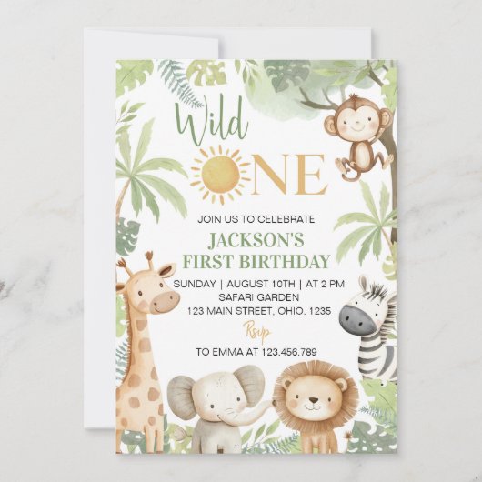 ワイルドワンジャングルアニマルズ1st誕生日招待状 招待状 (正面)