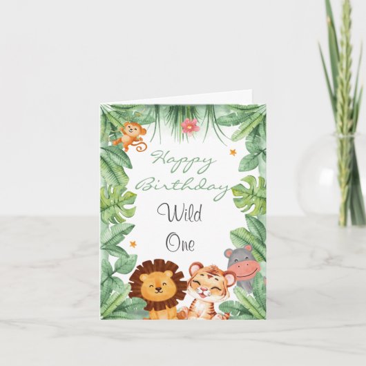 ワイルドワンジャングルアニマルトロピカルボーイ誕生日 サンキューカード (正面)