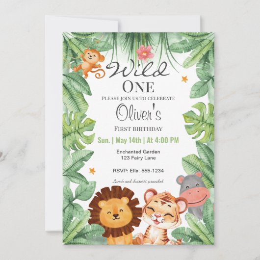 ワイルドワンジャングルアニマルトロピカルボーイ誕生日 招待状 (正面)