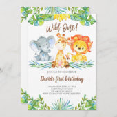 ワイルドワンジャングルサファリかわいい男の子1歳の誕生日 招待状 (正面/裏面)