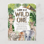 ワイルドワンジャングルサファリをテーマにした男の子1歳の誕生日 インビテーションポストカード (正面)