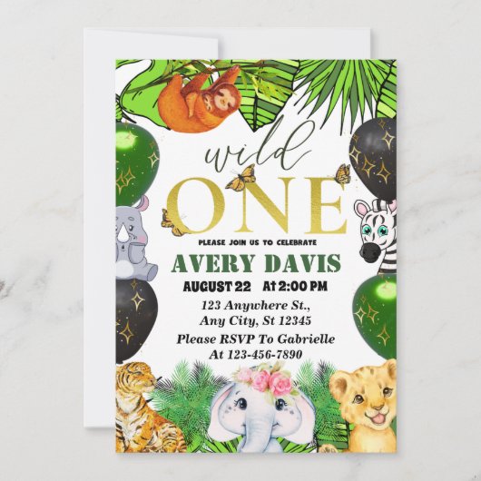 ワイルドワンジャングルサファリをテーマにした誕生日の子供たち 招待状 (正面)