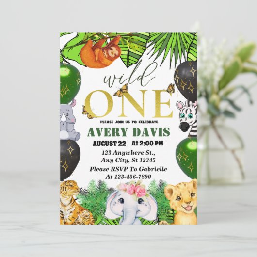 ワイルドワンジャングルサファリをテーマにした誕生日の子供たち 招待状 (スタンド正面)
