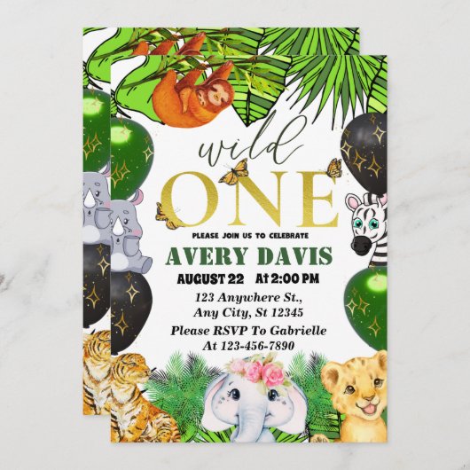 ワイルドワンジャングルサファリをテーマにした誕生日の子供たち 招待状 (正面/裏面)