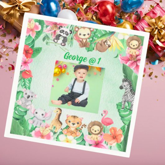 ワイルドワンジャングルサファリをテーマにした誕生日パーティー スタンダードカクテルナプキン