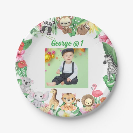 ワイルドワンジャングルサファリをテーマにした誕生日パーティー ペーパープレート (正面)